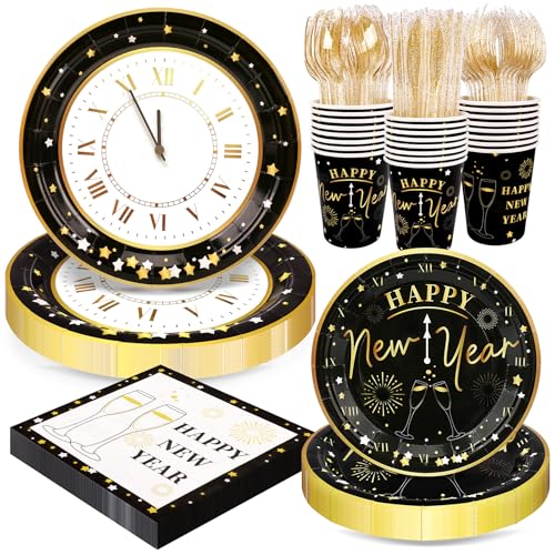 168pcs Happy New Year Party Supplies, Black and White Paper Plates Napkins Cups and Transparent Gold...