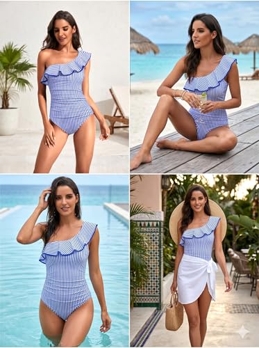 Image of Tempt Me Women One Piece Swimsuits Tummy Control One Shoulder Bathing Suits Ruffle Swimwear