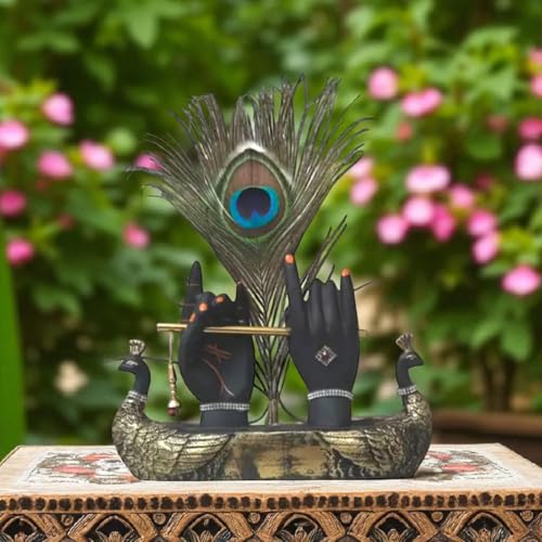 Handcrafted Krishna Ji Hands with Flute Figurine, Hindu Deity Sculpture with Peacock Feather, Home and Office Decor Showpiece