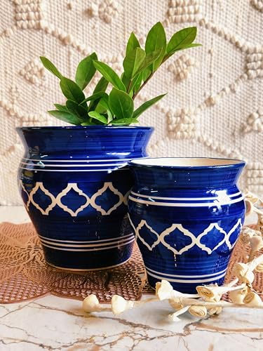 Image of Niyara Stylish Ceramic Pots Planters for Indoor Plants, Succulent, Outdoor, Balcony, Home, Garden, Office Size -7 inches & 5 inches (Moroccan Blue Set of 2)