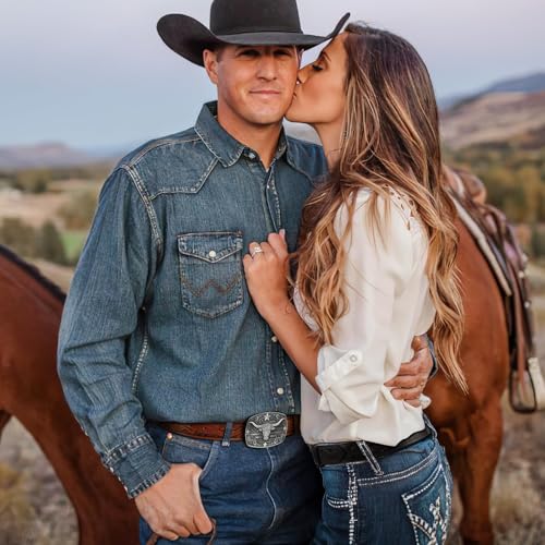 Image of SANSTHS Western Cowboy Belts for Men Women, Mens Western Belt Bull Buckle Country Belt Cowboy Leather Belt for Jeans