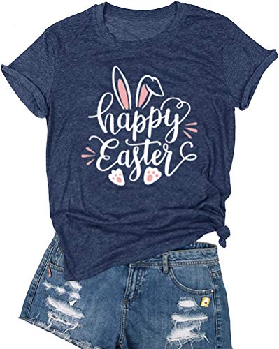 Image of Women Happy Easter T Shirt Bunny Rabbit Graphic T-Shirt Funny Letter Printed Shirts Short Sleeve Tops