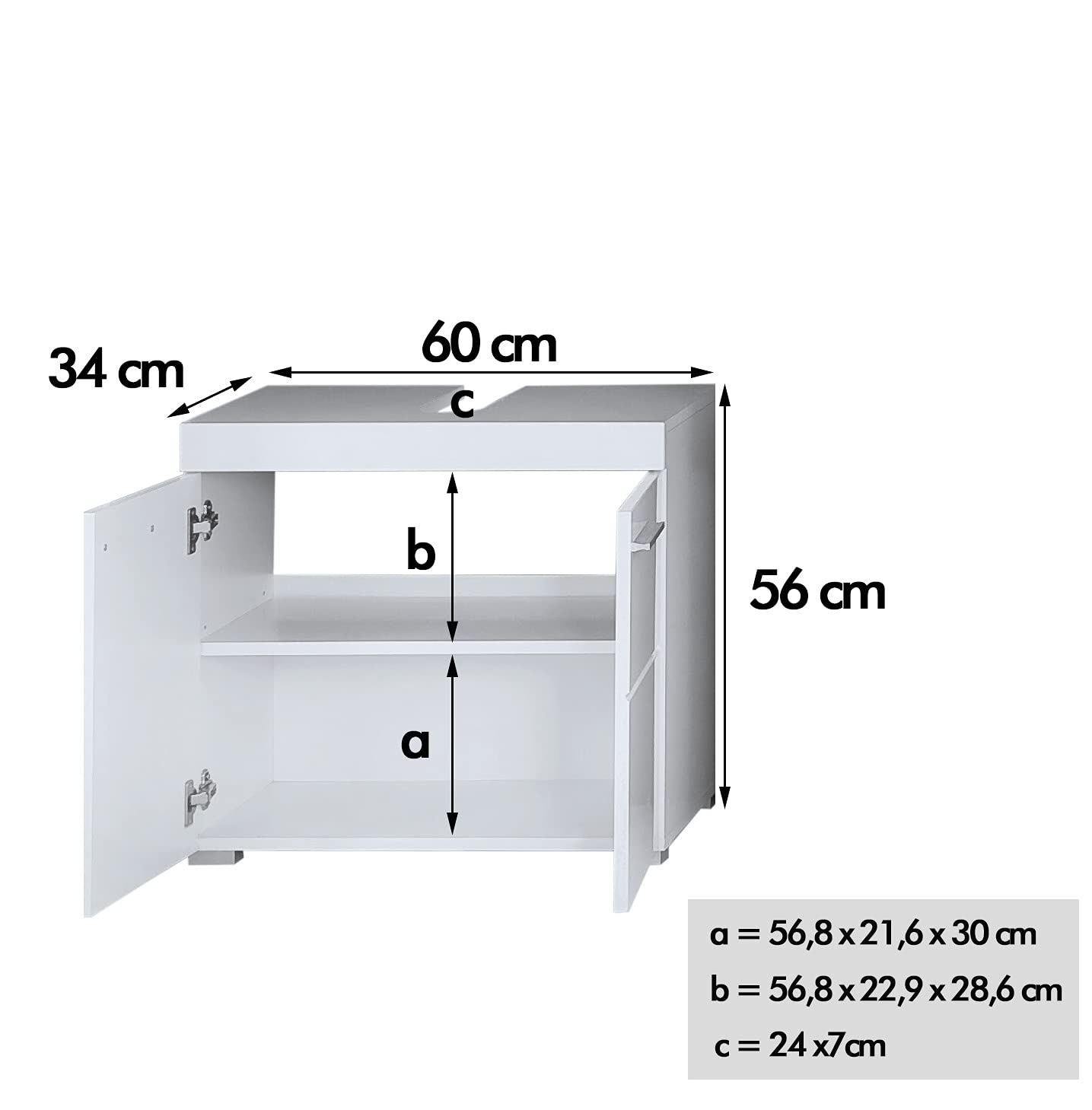 Newroom Waschbeckenunterschrank Grau Hochglanz mit viel Stauraum - 60x56x34 cm (BxHxT) - Badezimmer Unterschrank Badezimmerschrank Badezimmermöbel Badunterschrank - [Trinity.Seven]