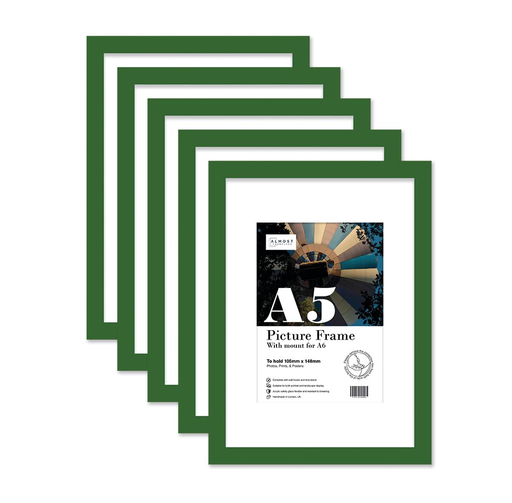 Almost Frameless A5 Green Picture Frame Set of 5, Display A6 Pictures with Mount or A5 Without Mount Gallery Wall, Poster, Photo, Artwork, or Print, Green