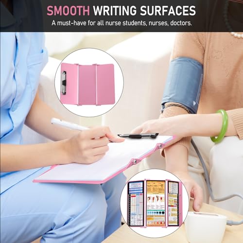 Image of Nursing Clipboard Foldable, Foldable Clip Board w /Nursing Edition Cheat Charts, 3 Layers Aluminum, Nurse Plank w /Low Profile Clip&Pen Clip Pocket for Students, Nurses and Doctors, Pink