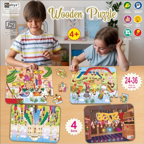 Image of ABYZ Wooden Jigsaw Taj Mahal with Crowd, New Year Celebration, Pongal, Onam Puzzle 120pcs for Kids of Age 3-5 Years, Set of 4