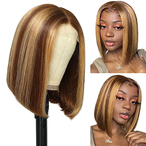 10inch Short Straight Bob Wig Human Hair Wigs For Black Women 180% Density P4/27 Ombre Highlight Lace Front Wig Glueless 4x4 Middle Part T Lace Front Wigs Human Hair Pre Plucked