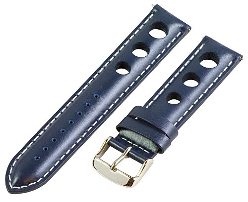 Clockwork Synergy, LLC 18mm Rally 3-hole Smooth Navy Blue/White Leather Interchangeable Replacement Watch Band Strap