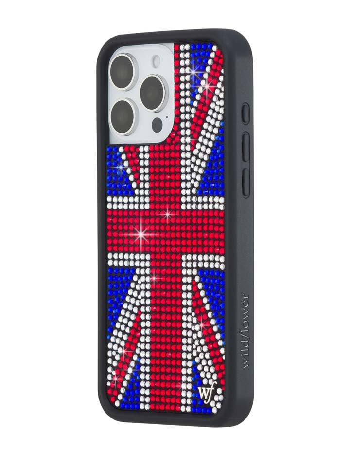Image of Wildflower Cases - Compatible with iPhone 16 Pro Max | Protective Black Bumper, 6.5ft Drop Test Certified, Women Owned Small Business | Rhinestone Union Jack
