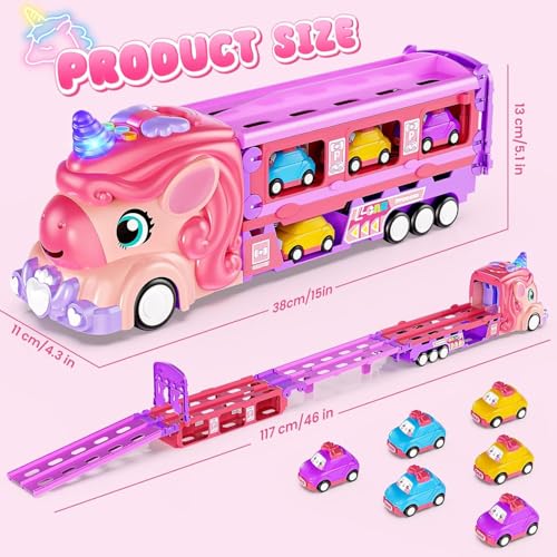 Image of PLUSPOINT Unicorn Truck Trailer with 6 Cars Friction Powered Foldable Race Track Truck Toys for Toddler Girls Toy Car Set, 2-Player Fold Out Trailer with Light & Sound Toys Birthday Gifts