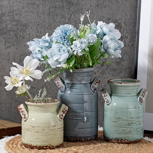 LIFESTYLO Ceramic Vase Set of 3 with Two Handles, Blue