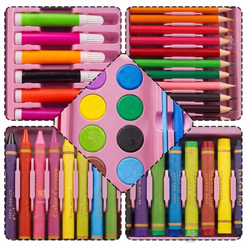 Image of WISHKEY 67 Pieces Art Set for Kids with Unicorn Theme Case, Art and Craft Supplies Kit for Drawing and Painting with Sketch Pen, Paint Colors, Brush, Color Pencils, Crayons (Pack of 1, Pink)
