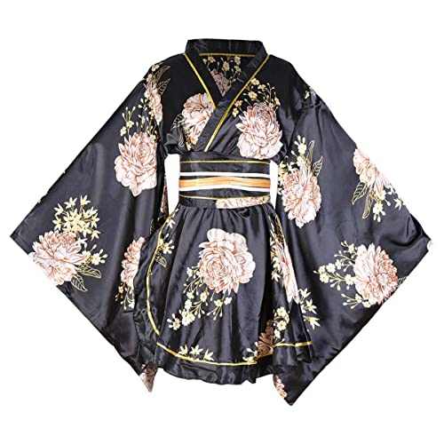 Disfraz de kimono corto sexy para mujer, vestido Yukata, estampado floral, bata de geisha tradicional japonesa, traje de baño con cinturón, 47# Negro, Talla única