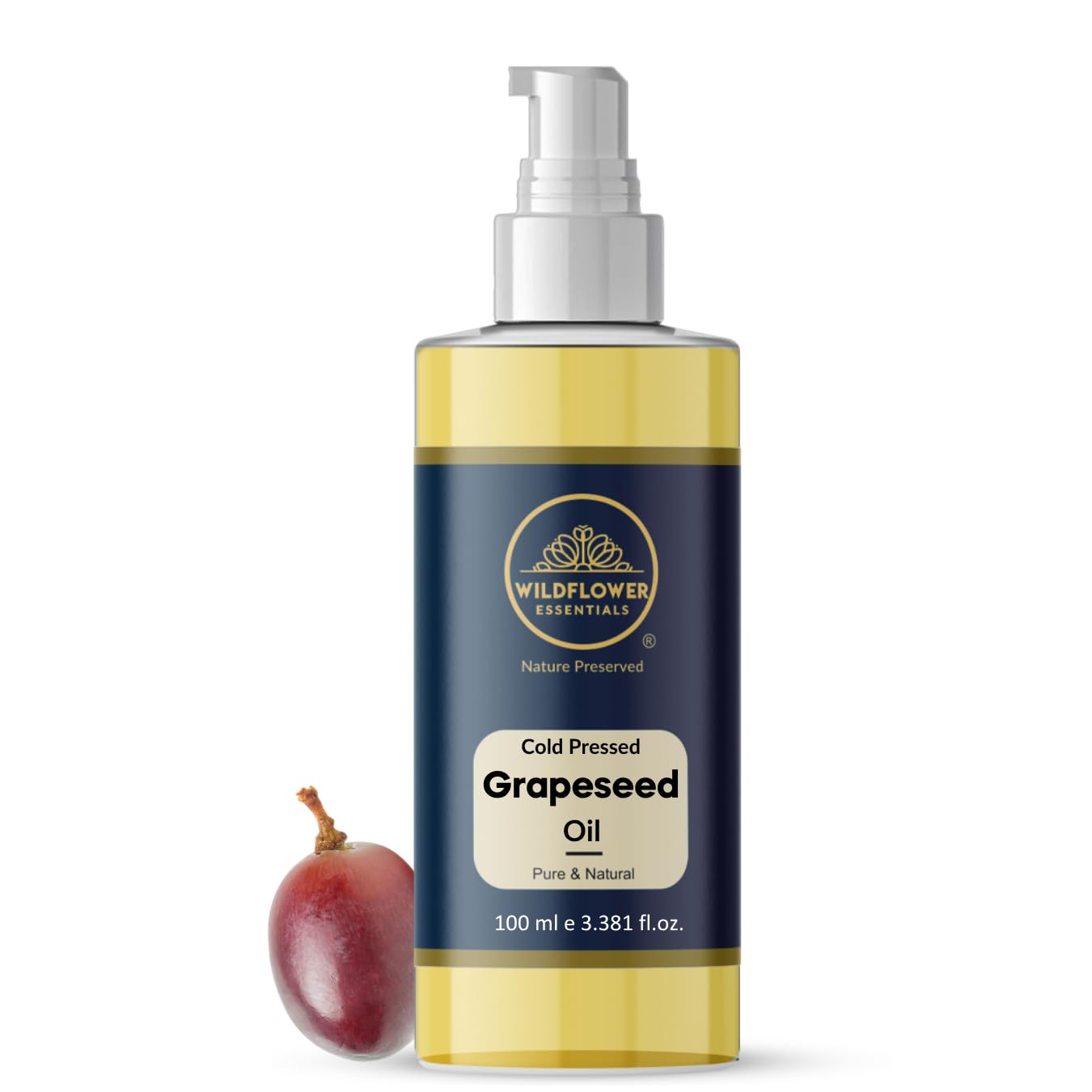 wildflower essentials 100% pure & natural grapeseed oil cold pressed for face skin hair body anti ageing glowing skin hair growth acne pimple lightweight undiluted carrier oil (100ml)