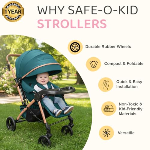 Image of Safe-O-Kid Breez Baby Rubber Wheel Stroller /Pram with 1 Year Warranty (Model - 2024) for New Born /Toddler /Kid for 0 to 3 Years Travel Friendly, 5 Point Safety Harness - Green