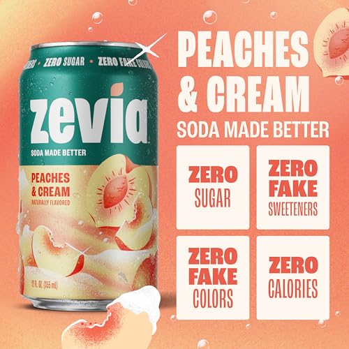 Image of Zevia Zero Sugar Soda, Peaches and Cream, 12 oz Cans (24-Pack) - Caffeine Free, Naturally Sweetened, No Calorie Soda - Non-GMO Project Verified, Gluten-Free, Vegan