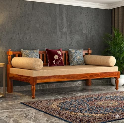 Image of Sheesham Wood 3 Seater Sofa Diwan Bed for Living Room Daybed Wooden Diwan Cot Wooden Divan Sofa Bed Divan Bed with Premium Mattress - 3 Seater Sofa for Living Room Home (Honey)