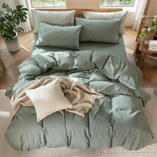 Image of MooMee Duvet Cover Set 100% Washed Cotton Linen Like Twin | Relaxed Linen-like Texture. Soft, Breathable & Long-lasting Comfort. Lightweight. Hidden Zipper with 8 Interior Corner Ties