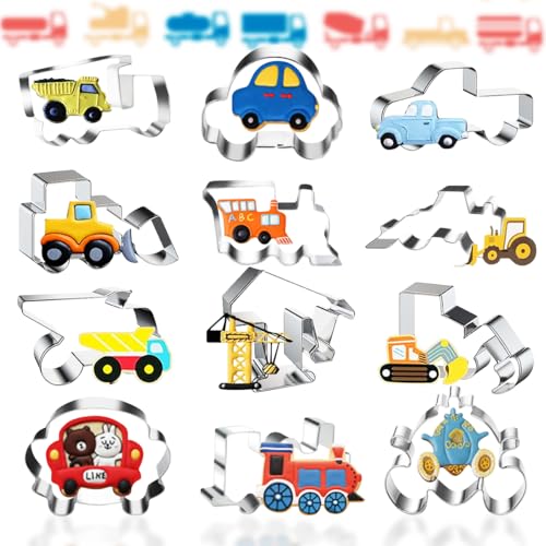 Ausstechformen Kinder,12 Stück Keksausstecher Auto,Plätzchenausstecher Edelstahl Weihnachten,Konstruktion Ausstecher,DIY Fondant Cookie Brot Ostern Weihnachts Schimmel Dekoration,Motto Party