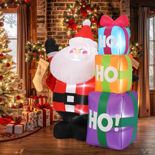 6FT Christmas Inflatable Outdoor Decorations, Cute Santa with Gift Box, Blow Up Xmas Yard Decoration for Holiday Home Party Garden Lawn Decor, Indoor Outdoor Use, Easy Installation