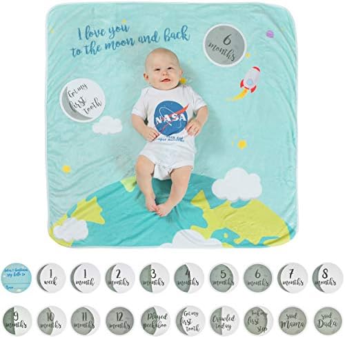 Baby Monthly Milestone Blanket with 20 Milestone Moments Props for Boy & Girl, Photography Blankets, Organic Thick Fleece Blanket Backdrop for Personalized Month Pictures for Girls and Boys