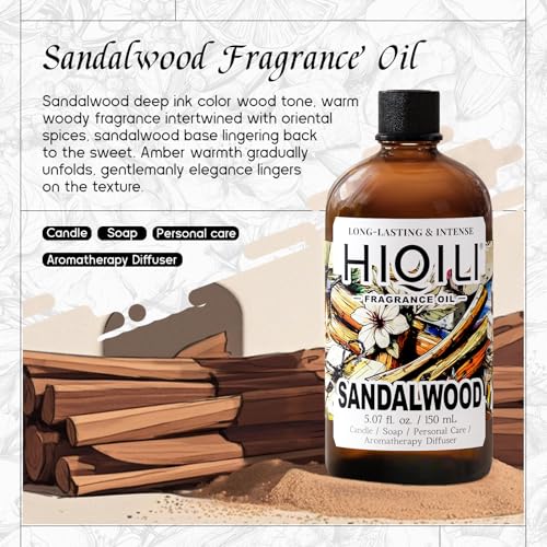 Image of HIQILI Sandalwood Fragrance Oil, DIY Skin Care & Body Product - 5.07 Fl Oz | Long Lasting Luxury Hotel Scent for Home Diffuser, Perfect for Candle & Soap Making, Pet Safe, Graduated Dropper Included