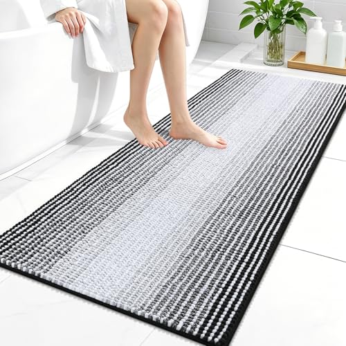 Image of OLANLY Bathroom Runner Rugs 47x24, Extra Soft Absorbent Chenille Striped Bath Rugs, Rubber Backing, Machine Wash Dry, Long Bath Mats for Bathroom, Tub, Shower, Home Decor Accessories, Black