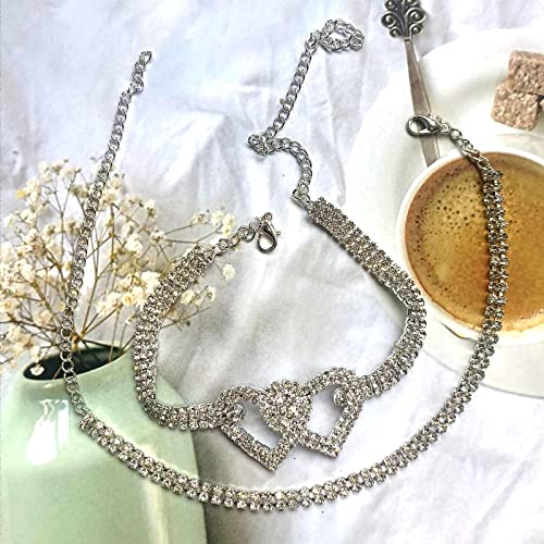 2Pcs Rhinestone Heart Anklet Bracelets Crystal Lariat Love heart Foot Chain Bling Beach Barefoot Sandal Jewelry for Women Girls Teens - Image 6
