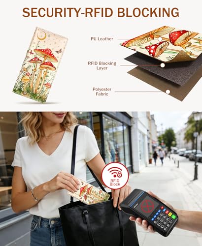 Image of Immaturus Mushroom Womens Wallet, Slim Thin RFID Blocking Card Wallets, Bifold PU Leather Credit Card Holder Organizer, Cute Cash Clutch Long Billfold with Zipper Coin Pocket Ladies Girls Gift