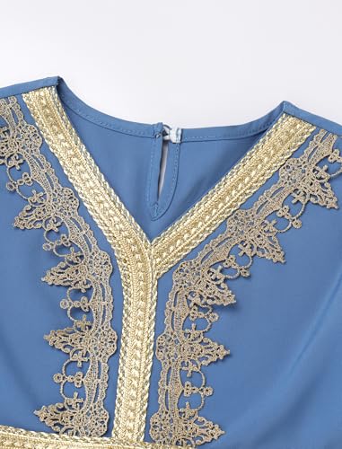 OBEEII Girls Muslim Ramadan Abaya Kids Long Sleeve V Neck Lace Prayer Dress Middle East Arabic Kaftan Dress with Belt3