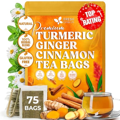Image of FreshDrinkUS, Premium Turmeric Ginger Cinnamon Tea Bags | 75 Tea Bags | Herbal Spice Tea Blend, Naturally Caffeine Free, Warm & Aromatic Flavor, 100% Natural Ingredients, Convenient Tea Bags