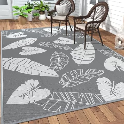 GENIMO Outdoor Rug 8'x10' for Patios Clearance, Plastic Straw Waterproof Carpet, Reversible Tropical Outdoor Decor Area Rugs, Camping Mats are Suitable for RV, Deck, Garden, Porch, White & Grey Cover