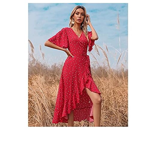 GRGFG Bohemisk maxiklänning, kvinnor avslappnade lösa klänningar vintage röda prickar oregelbunden volang maxiklänning sommarsemester fest vardag strand vardaglig swing-midi-klänning, XS