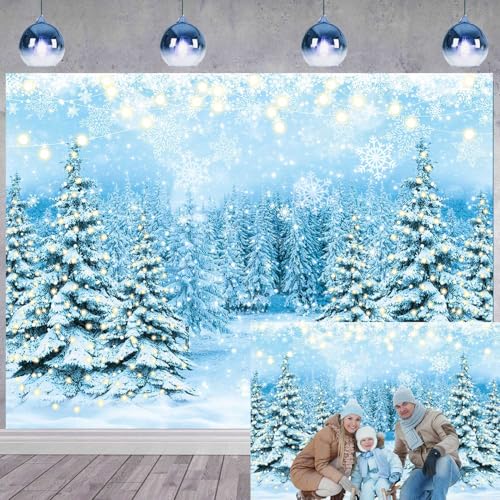 Winter Forest Backdrop Snowy Christmas Pine Tree Halo Spots Photography Background Blue Wonderland Snowflake Scene Party Decor Banner (7x5FT: 84x60 inch)