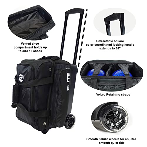 Elite Deluxe 2 Ball Bowling Bag With 5" Urethane Smooth Wheels, A Large Accessory Pocket On The Side And A Separate Vented Shoe Compartment On Top That Holds A Pair Of Bowling Shoes Up To Size 15 Men. 36" Extendable Handle For A Smooth Double Roller. (Black) #TOP2