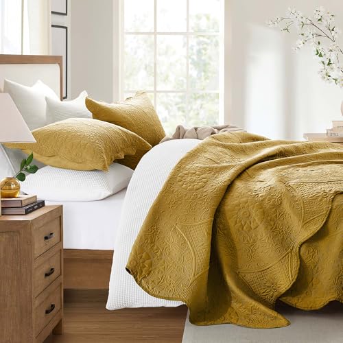 IR Imperial Rooms Twin Quilt Bedding Set Size (68” x 86”) + 1 Pillow Shams (20” x 26” + 2”) - 2 Pcs All Season Lightweight Reversible Microfiber Coverlet Floral Embossed Quilt Bedspread (Ochre)