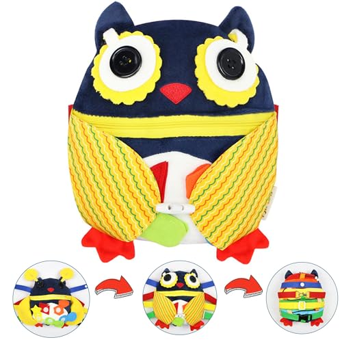 WYFCR Juguetes Hebilla Sensorial, Almohada Busy Board para niños pequeños, Cremallera Viaje Juguetes en Avión Coche Montessori , Educativa Temprana para Autismo Niños Pequeños(Modelo búho)