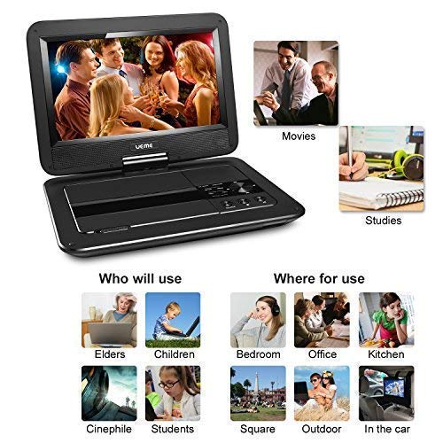 UEME Portable DVD Player with Car Headrest Mount Case, 10.1" HD Swivel Screen, Remote Control, Power Adapter, Car Charger, 5 Hours Rechargeable Battery, Support USB/SD Card and TV Sync - Black