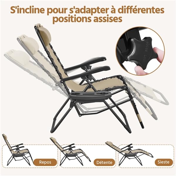 Yaheetech Lot de 2 Chaise Longue inclinable, avec Table Pliable Support de Gobelet, Chaise de Jardin Pliable en Textilène Chaise Longue, avec Rembourrage de Tête, Beige (Beige)
