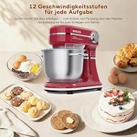 SUNCOK Küchenmaschine 1500W, Display, 12 Stufen, 2x Edelstahlschüsseln 4,5/5,5L, Heizfunktion, Waage, Timer, leise, 3 Rühreinsätze + Spritzschutz (B03B, B03B-Rot) – Ansicht 8