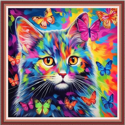 Image of DMCVIVR Stamped Cross Stitch Kits for Beginners Adults Needlepoint Kits for Beginners Embroidery Kits for Adults Crossstitch Kit for Beginners 11CT-Colorful Cat 18x18 inch