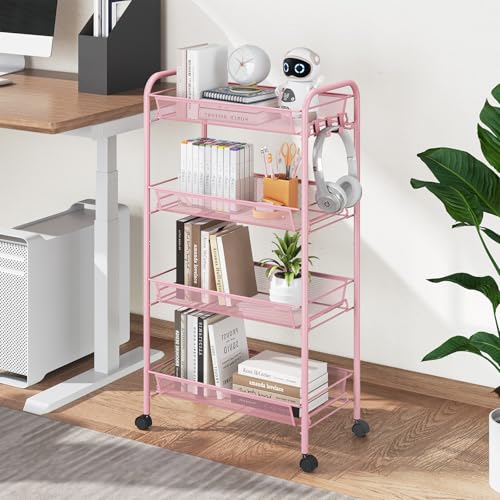 APEXCHASER 4-Tier Rolling Cart,Easy Assemble Mobile Storage Trolley On Wheels,Slide Out Utility Cart Shelving Units Kitchen Bathroom Laundry Room,Pink - Image 6