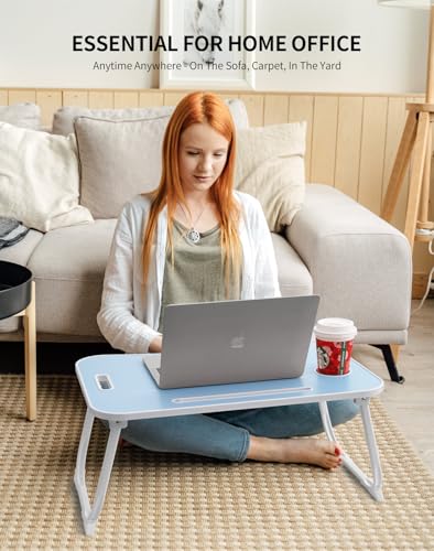 Image of ZEAPTAC Laptop Bed Desk, Foldable Lap Desk, Portable Lap Table, Laptop Stand with Cup Holder, Tablet Slot & Lifting Handle for Work, Write, Draw & Eat on Bed, Sofa or Couch - Blue