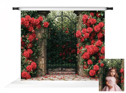 Kate Valentine's Day Gate Backdrop Valentine Red Roses Garden Background Enchanted Romantic Floral Archway Photo Background Studio Props,10x8ft