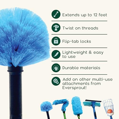 EVERSPROUT 5-to-12ft Telescoping Durable Duster with Extension Pole – Lightweight 3 Stage Cobweb Duster – Extendable to 20ft Reach for Cleaning High Ceilings and Spider Webs