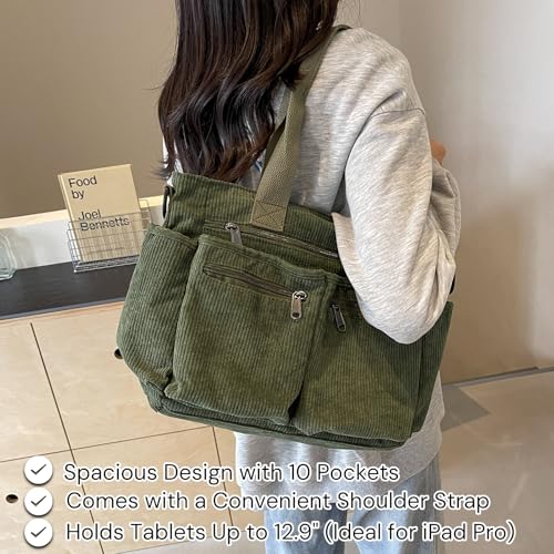 Image of YDF Corduroy Tote Bag for Women Crossbody Purse with Zipper, Aesthetic Multi Pocket Work School Bag, Gifts for Mom Teacher