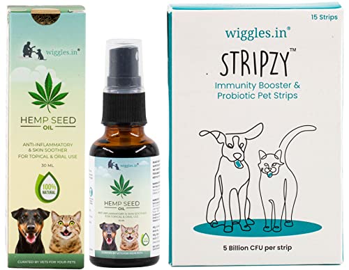 WIGGLES Hemp Seed Oil for Dogs & Immunity Booster Probiotics Strips Dogs, 30ml & 15 Strips – Pet Joints Stress Calming Oil with Ashwagandha Brahmi Health Strips (Pack of 2)