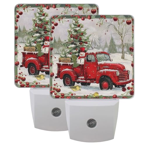 Christmas Tree Snowman Night Light LED Sensor Set of 2 Winter Red Truck Xmas Table Desk Lamps with Adjustable Brightness Eye-Caring for Home Bedroom Office Parlour