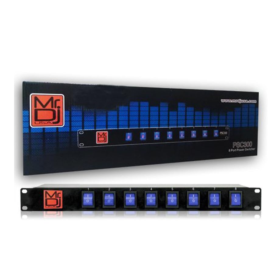 MR DJ USA PSC300 Rack Mountable 8 Port Power Switcher Surge Protectors Blue Toggles ON/Off Power Center, Power Strip