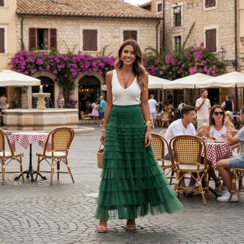 Mincib Womens Long Tulle Skirt A Line Ruffle Tiered Layered Skirts High Waisted Flowy Fairy Maxi Skirts(Green,S) — view 5